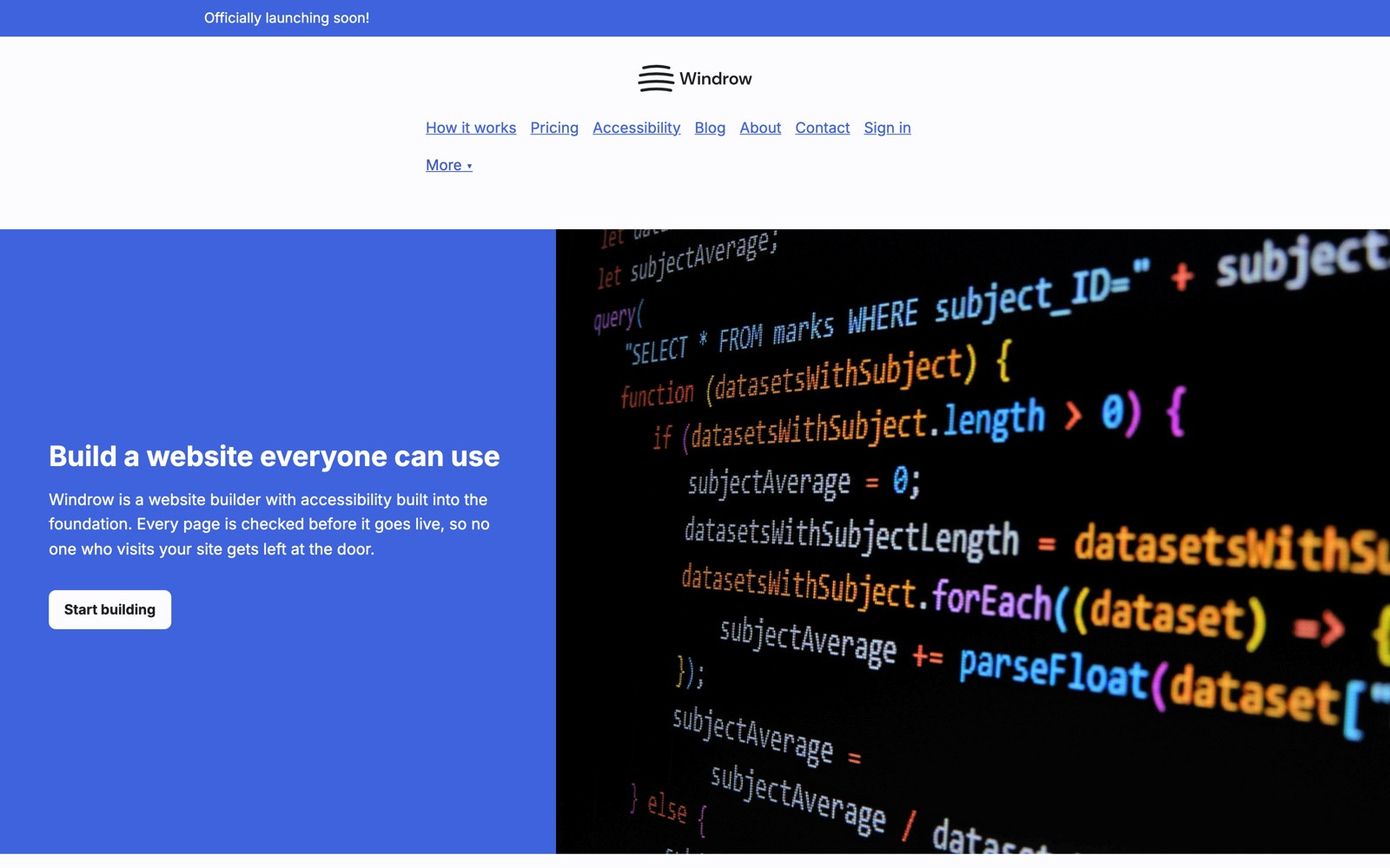 The windrow.app homepage, with the headline Build a website everyone can use beside a code screen.